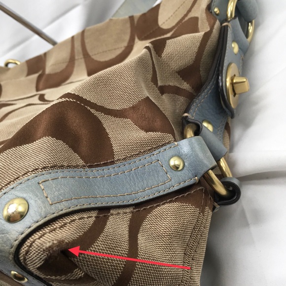 Coach Signature Carly Khaki Brown,Tan SlateBlue Leather Hobo Bag ✅Offers Welcome - Picture 10 of 12